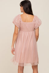 Light Mauve Tulle Puff Sleeve Dress