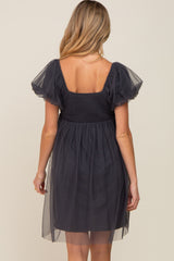 Charcoal Tulle Puff Sleeve Maternity Dress