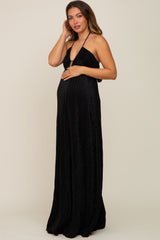 Black Plisse Halter Back Tie Maternity Maxi Dress