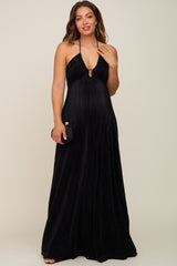 Black Plisse Halter Back Tie Maternity Maxi Dress