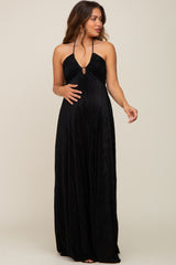 Black Plisse Halter Back Tie Maternity Maxi Dress