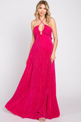 Fuchsia Plisse Halter Back Tie Maxi Dress