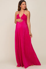 Fuchsia Plisse Halter Back Tie Maternity Maxi Dress