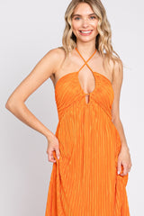 Orange Plisse Halter Back Tie Maxi Dress