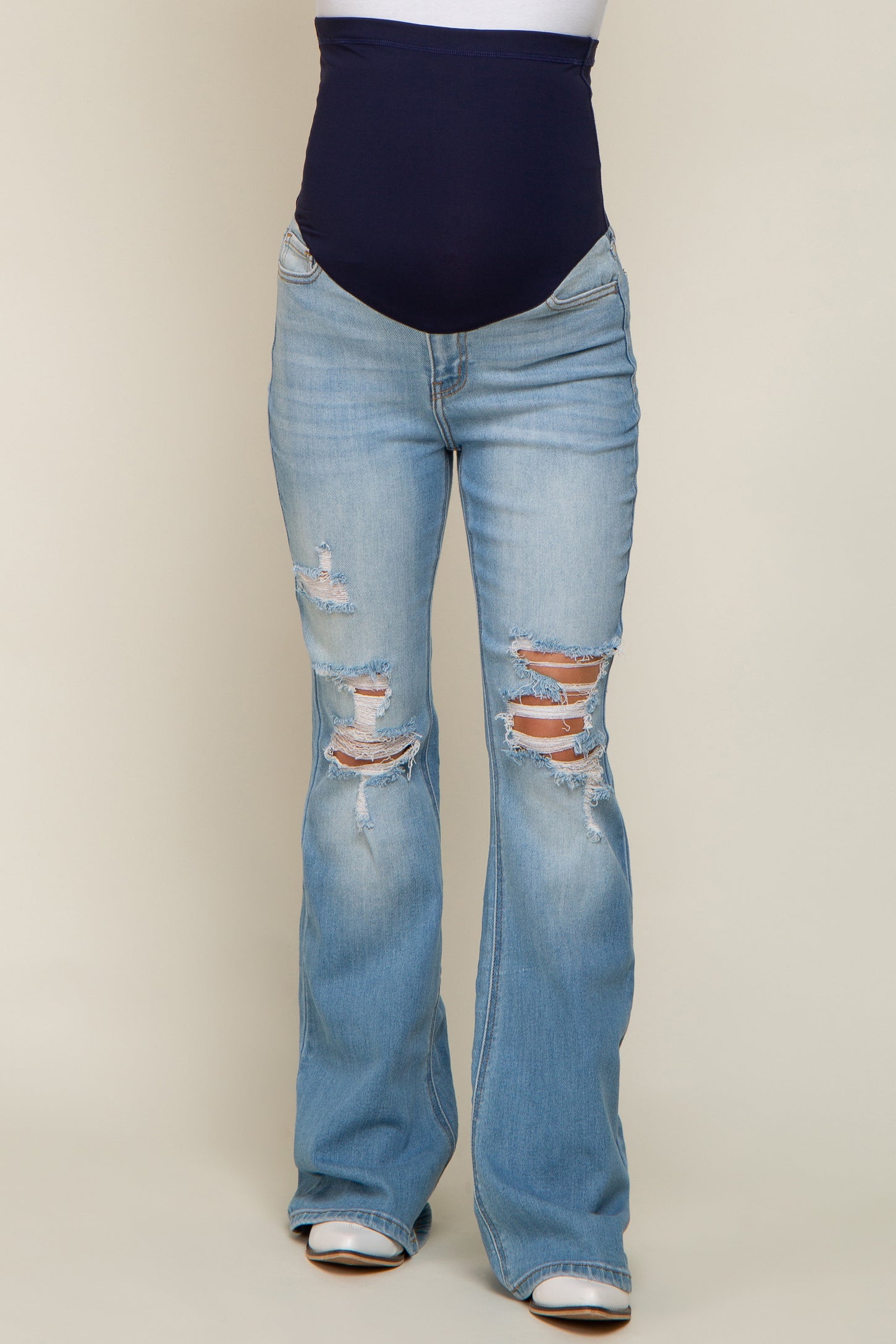 Light Blue Distressed Flare Maternity Jeans– PinkBlush
