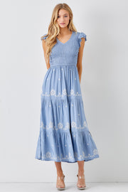 Dusty Blue V Neck Smocked Bodice Maxi Dress