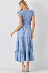 Dusty Blue V Neck Smocked Bodice Maxi Dress