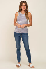 Charcoal Striped Raw Hem Trim Tank Top