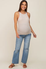 Taupe Striped Raw Hem Trim Maternity Tank Top