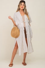 Ivory Striped Side Slit Tassel Tie Maternity Cover-Up