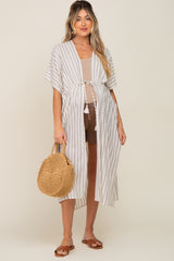 Ivory Striped Side Slit Tassel Tie Maternity Cover-Up