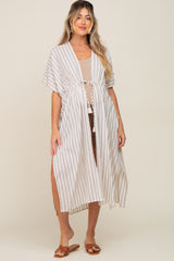 Ivory Striped Side Slit Tassel Tie Maternity Cover-Up