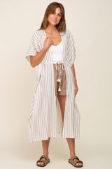 Ivory Striped Side Slit Tassel Tie Cover-Up