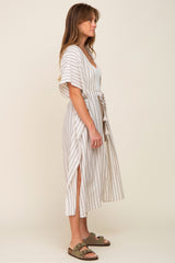 Ivory Striped Side Slit Tassel Tie Cover-Up