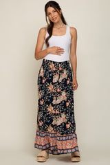 Navy Blue Floral Border Print Smocked Waist Button Front Maternity Maxi Skirt