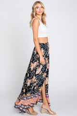 Navy Blue Floral Border Print Smocked Waist Button Front Maxi Skirt