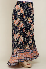 Navy Blue Floral Border Print Smocked Waist Button Front Maternity Maxi Skirt