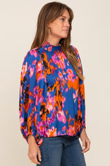 Royal Blue Abstract Smocked Mock Neck Blouse