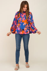 Royal Blue Abstract Smocked Mock Neck Blouse