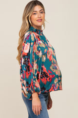 Teal Abstract Smocked Mock Neck Maternity Blouse