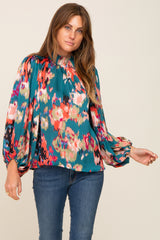 Teal Abstract Smocked Mock Neck Blouse