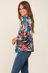 Teal Abstract Smocked Mock Neck Blouse