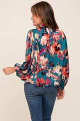 Teal Abstract Smocked Mock Neck Blouse