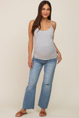 White Striped Ribbed Sleeveless Maternity Top