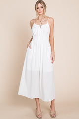 Off White Textured Woven Cami Midi Dress With Pockets