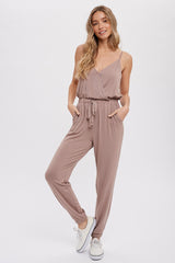 Taupe Surplice Casual Jersey Jumpsuit