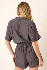 Charcoal Notch Collar Button Front Romper
