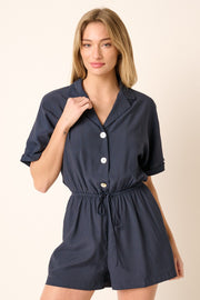 Navy Notch Collar Button Front Romper