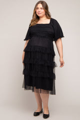 Black Swiss Dot Smocked Tiered Maternity Plus Midi Dress