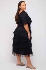 Black Swiss Dot Smocked Tiered Plus Midi Dress