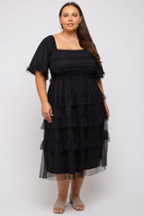 Black Swiss Dot Smocked Tiered Plus Midi Dress