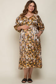 Black Floral Shimmer Satin Wrap Front V-Neck Maternity Plus Midi Dress