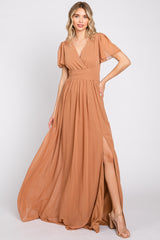 Camel Chiffon Wrap Front Short Sleeve Maxi Dress