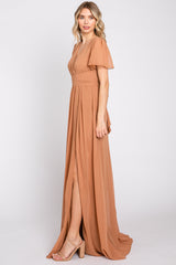 Camel Chiffon Wrap Front Short Sleeve Maxi Dress