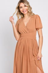 Camel Chiffon Wrap Front Short Sleeve Maxi Dress