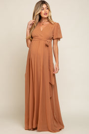 Camel Chiffon Wrap Front Short Sleeve Maternity Maxi Dress