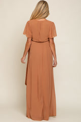 Camel Chiffon Wrap Front Short Sleeve Maternity Maxi Dress