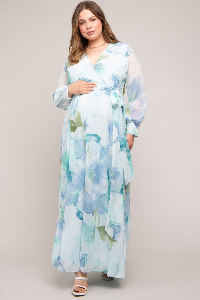 Blue Floral Chiffon Maternity Plus Maxi Dress– PinkBlush