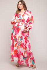 Fuchsia Floral Chiffon Maternity Plus Maxi Dress