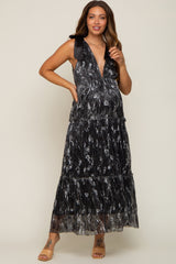 Black Floral Shimmer Deep V Shoulder Tie Maternity Midi Dress