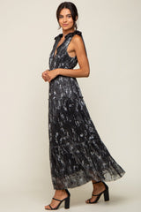 Black Floral Shimmer Deep V Shoulder Tie Midi Dress