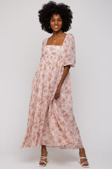 Ivory Floral Chiffon Square Neck Midi Dress