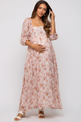 Ivory Floral Chiffon Square Neck Maternity Midi Dress