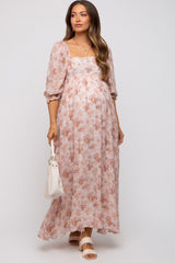 Ivory Floral Chiffon Square Neck Maternity Midi Dress