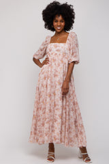 Ivory Floral Chiffon Square Neck Midi Dress