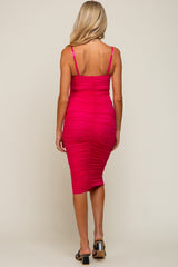 Fuchsia Ruched Mesh Square Neck Maternity Midi Dress